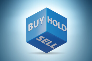 Dice with three options of buy sell and hold - 3d rendering