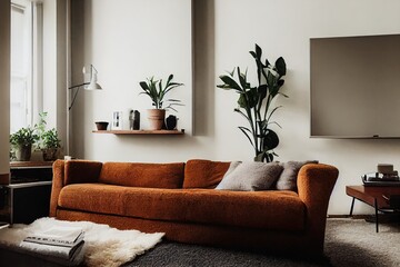 Minimal cozy living room interior with brick wall illustration
