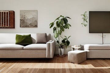 Minimal living room interior with brick wall illustration