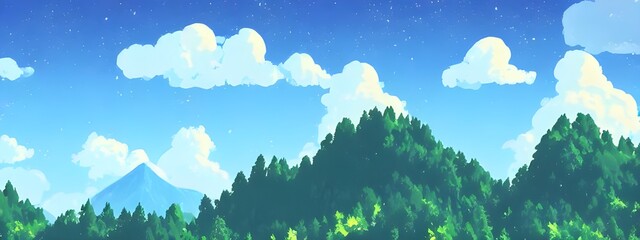 Fototapeta premium The sun is shining over the mountains in the distance, and a soft breeze is blowing through the trees. The light dances through the leaves, casting a warm glow over everything. In the foreground, ther