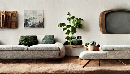 Minimal living room interior with armchair and plants illustration
