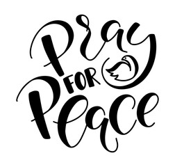 Pray for peace black lettering with doodle pigeon isolated on white background. Vector illustration