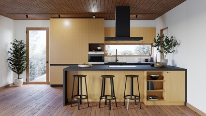 3d rendering of a kitchen with an island and black bar stools.