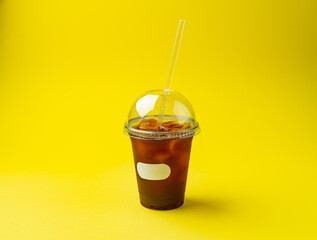 cold tea in a plastic glass with a straw on a yellow background