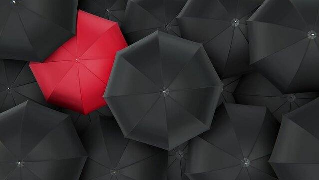 Realistic looping 3D animation of the spinning red umbrella or parasol surrounded by black umbrellas rendered in UHD as motion background