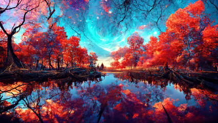 AI Multiverse autumn trees reflected in water