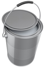 Open metal can or buckets of paint with handle on white background.