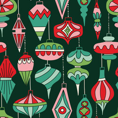 Retro Hanging Baubles Vector Seamless Pattern. Vintage Winter Holidays Ornaments Background. Festive Mid Century Modern Graphic Print - 540129746