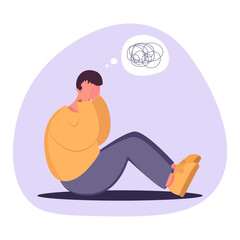 Depression man sit on the floor. Young MAN confused. Anxiety disorder. Insane messy line.