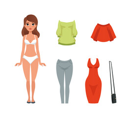 Beautiful Female in Underwear with Different Clothes Around for Dress Up Vector Set