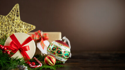 Christmas presents on wooden desk. Stock image with copy space