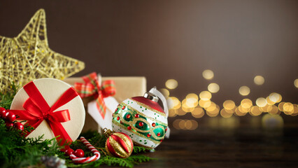 Christmas presents on wooden desk. Stock image with copy space