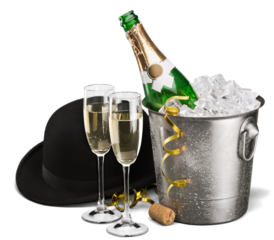 Two glasses of champagne and bottle on background