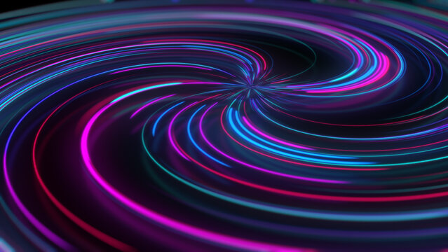 3D rendering abstract neon spiral with reflection in the form of light paths of different colors © Vitaly