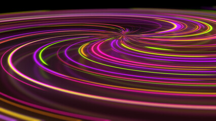 3D rendering abstract neon spiral with reflection in the form of light paths of different colors