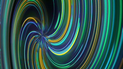 3D rendering abstract neon spiral with reflection in the form of light paths of different colors