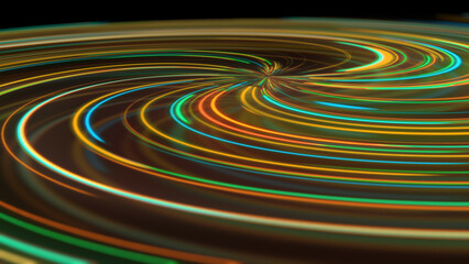 3D rendering abstract neon spiral with reflection in the form of light paths of different colors
