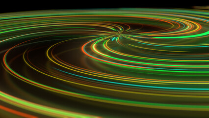 3D rendering abstract neon spiral with reflection in the form of light paths of different colors