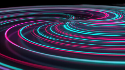 Fototapeta na wymiar 3D rendering abstract neon spiral with reflection in the form of light paths of different colors