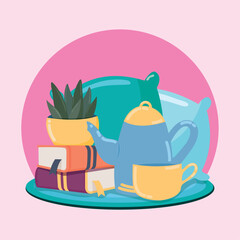 Books with pillows and teapot Hygge scenario Vector