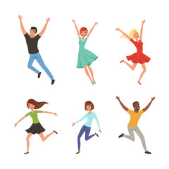 Happy People Character Jumping with Raised Hands Vector Set