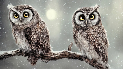 An owl sits on a tree branch in the snow. Owl, winter background. 3D illustration