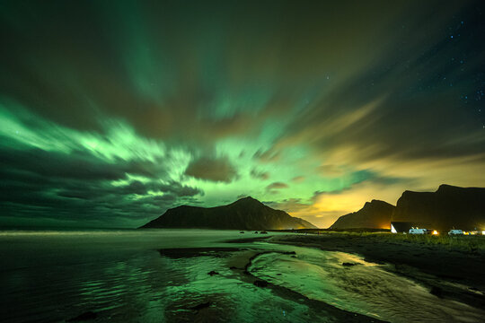 Beautiful colorful northern lights captured in the Lofoten Islands in northern Norway.