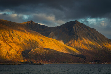 Beautiful and colorful autumn in the Lofoten archipelago in Norway. Breathtaking landscapes show the power of nature.