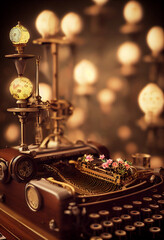 An Old Steampunk Typewriter Ornated with Flowers, AI Generative