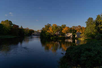 beautiful autumn landscape with a view of the lake and yellow and green trees in autumn on the background of the blue sky in Lazienki Park Warsaw Poland