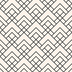 Geometric squares pattern. Vector abstract seamless texture with lines, square grid, diamond shapes, rhombuses. Simple modern black and white background. Repeat monochrome geo design for print, decor