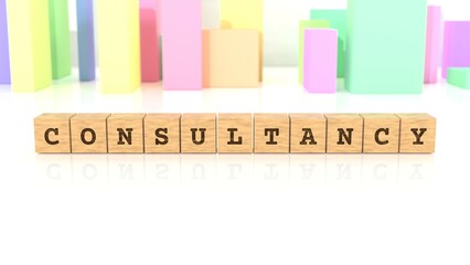 Letters CONSULTANCY chiselled on wooden cubes reflected on the white surface. Business concept. In the back are colorful cuboids in various shapes. (3D rendering)