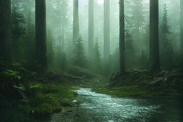 Obraz premium misty forest in the morning