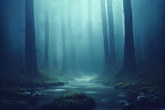 beautiful fantasy landscape, misty forest, skulls, glowing blue waterfalls © Rarity Asset Club