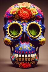 A colorful portrait of a skull and flowers for "dia de los muertos", "Day of the dead" calavera 3d illustration.
