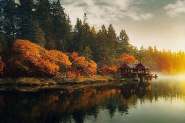 Beautiful riverside fishing cabin, Cottagecore, Cottage, Lodge, Hyperdetailed, Autumn, stunning natural scenery, forest, Landscape, cinematic lighting, raking sunlight, sunrise, glade, intricate detai