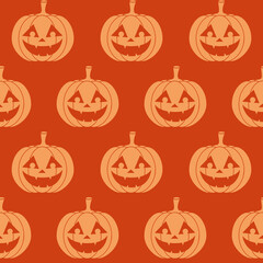 Halloween Pumpkin seamless pattern. Vector endless print with pumpkin lanterns on orange background