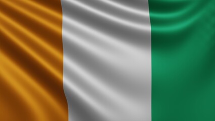 Fototapeta premium Render of the Ivory Coast flag flutters in the wind close-up, the national flag of Cote d'Ivoire Flutters in 4k resolution, close-up, colors: RGB. High quality 3d illustration