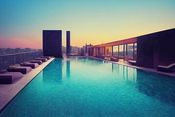 rooftop swimming pool, country skyline at sunset