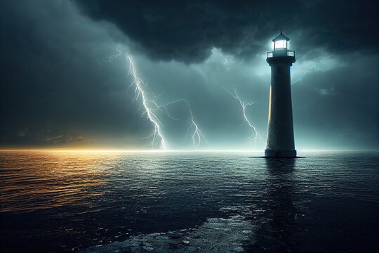 extremely detailed transparent glass lighthouse, thunderstorm