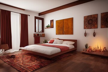 Home interior with ethnic boho decoration, Bedroom in brown warm color