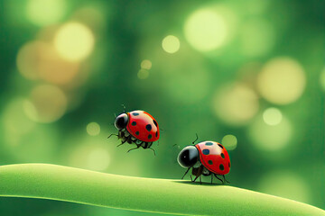 Fototapeta premium adorable little ladybug on a green sheet, background garden