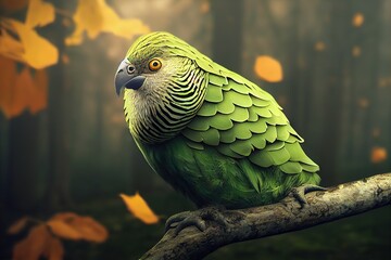 Kakapo Bird on a tree branch with face details, symmetrical eyes with details, autumn background
