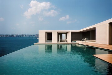 Fototapeta premium Swimming pool on roof top with beautiful city view