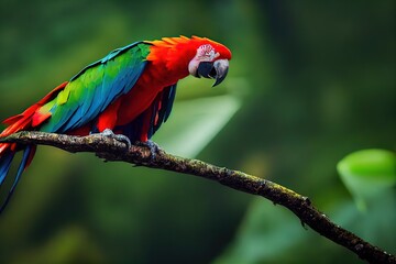 Red parrot in the rain. Macaw parrot flying in dark green vegetation. Scarlet Macaw, Ara macao, in tropical forest, Costa Rica, Wildlife scene from tropical nature. Red bird in the forest.