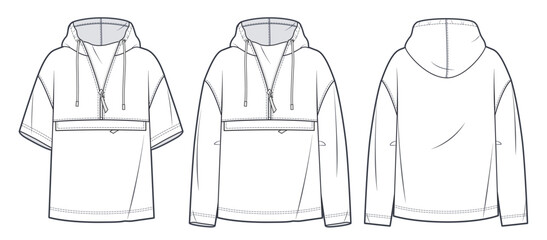 Unisex Hoodie technical fashion illustration. Set of Hoodie Sweatshirt with short and long sleeves fashion flat technical drawing template, front, back view, white, women, men, unisex CAD mockup. © Liubov Hladka