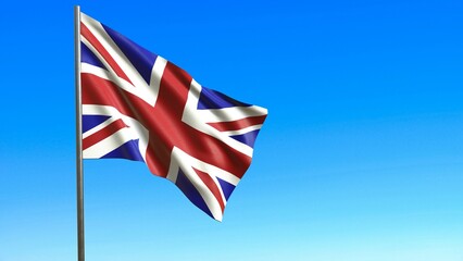 the flag of Great Britain flutters in the wind against the blue sky 3d-rendering
