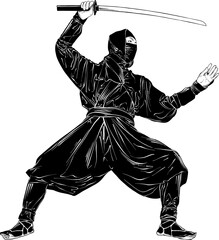 PNG engraved style illustration for posters, decoration and print. Hand drawn sketch of japanese ninja isolated on white background. Detailed vintage etching drawing.   © DELstudio