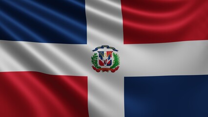 Render of the Dominican Republic flag flutters in the wind close-up, the national flag of Dominican Republic flutters in 4k resolution, close-up, colors: RGB. High quality 3d illustration