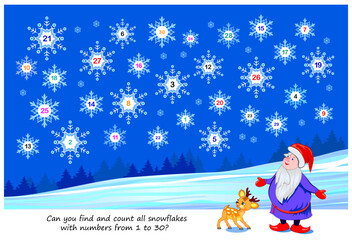 Logic puzzle game for kids. Can you find and count all snowflakes with numbers from 1 to 30? Educational page for children. Developing counting skills. Task for attentiveness. Cartoon vector.